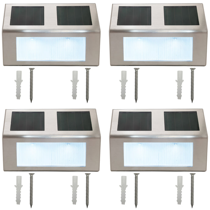 4 Pack Solar Charging Wall Mount Downward Facing Cool White LED Lights with Mounting Screws, Outdoor Weatherproof, Automatic On and Off, Modern Slim Design, Stainless Steel, Silver Color