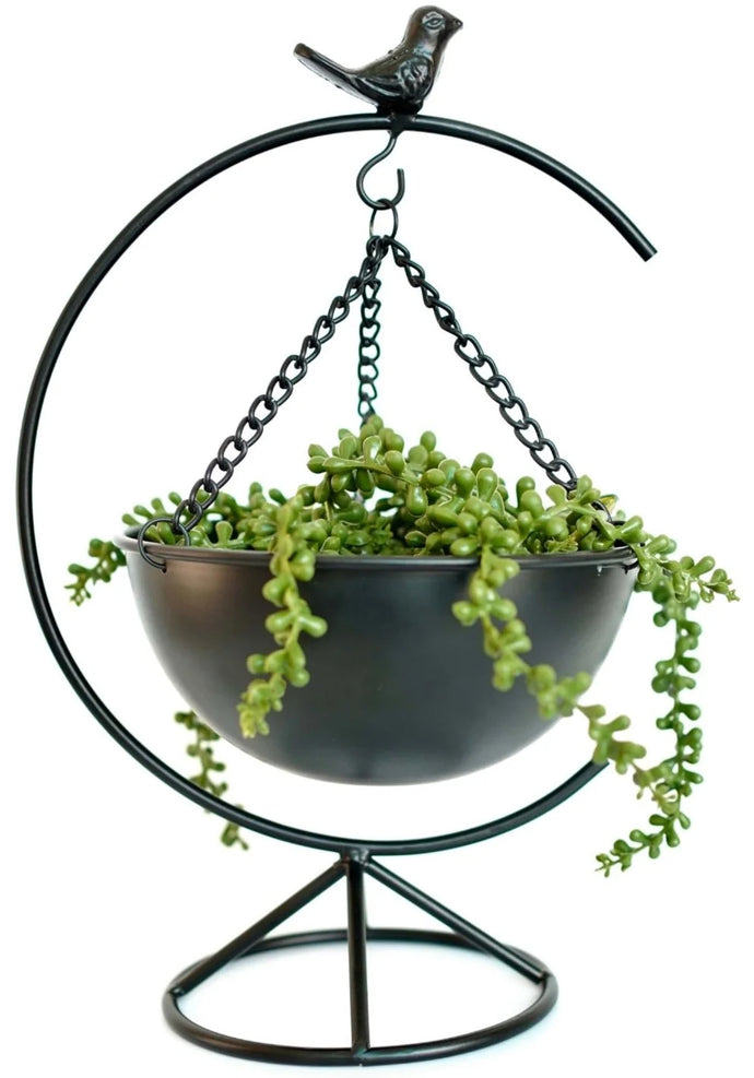 hanging bird planter SciencePurchase Elegant Matte Black Metal Bird Floor-Standing Indoor Planter with Hanging Bowl for Small Plants, 13-inches Tall x 8.6-inches Wide