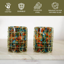 Load image into Gallery viewer, Set of 2 Elegant Stainless Steel (Gold Color) and Turquoise Glass Cutlery Holders for Silverware - 3.1-inch Diameter x 4-inch Tall
