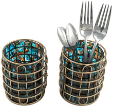 Load image into Gallery viewer, Set of 2 Elegant Stainless Steel (Gold Color) and Turquoise Glass Cutlery Holders for Silverware - 3.1-inch Diameter x 4-inch Tall
