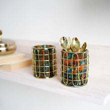 Load image into Gallery viewer, Set of 2 Elegant Stainless Steel (Gold Color) and Turquoise Glass Cutlery Holders for Silverware - 3.1-inch Diameter x 4-inch Tall
