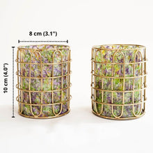 Load image into Gallery viewer, Set of 2 Elegant Stainless Steel (Gold Color) and Green Glass Cutlery Holders for Silverware - 3.1-inch Diameter x 4-inch Tall
