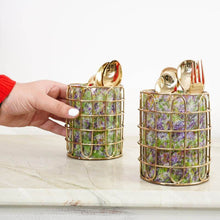 Load image into Gallery viewer, Set of 2 Elegant Stainless Steel (Gold Color) and Green Glass Cutlery Holders for Silverware - 3.1-inch Diameter x 4-inch Tall
