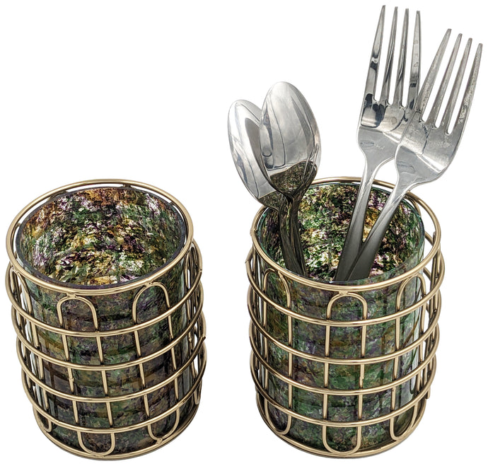 Set of 2 Elegant Stainless Steel (Gold Color) and Green Glass Cutlery Holders for Silverware - 3.1-inch Diameter x 4-inch Tall