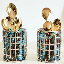 Load image into Gallery viewer, Set of 2 Elegant Stainless Steel (Silver Color) and Blue/Orange Glass Cutlery Holders for Silverware - 3.1-inch Diameter x 4-inch Tall
