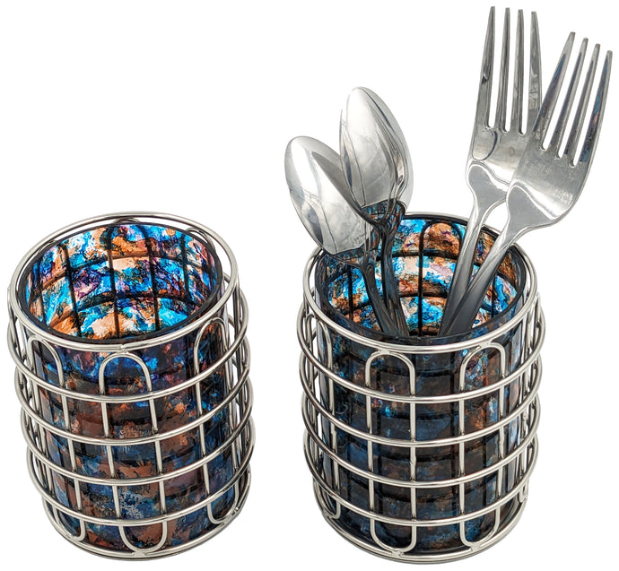 Set of 2 Elegant Stainless Steel (Silver Color) and Blue/Orange Glass Cutlery Holders for Silverware - 3.1-inch Diameter x 4-inch Tall