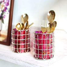 Load image into Gallery viewer, Set of 2 Elegant Stainless Steel (Silver Color) and Pink Glass Cutlery Holders for Silverware - 3.1-inch Diameter x 4-inch Tall
