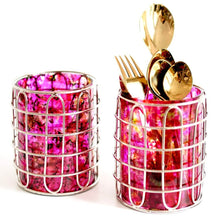 Load image into Gallery viewer, Set of 2 Elegant Stainless Steel (Silver Color) and Pink Glass Cutlery Holders for Silverware - 3.1-inch Diameter x 4-inch Tall
