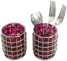 Load image into Gallery viewer, Set of 2 Elegant Stainless Steel (Silver Color) and Pink Glass Cutlery Holders for Silverware - 3.1-inch Diameter x 4-inch Tall
