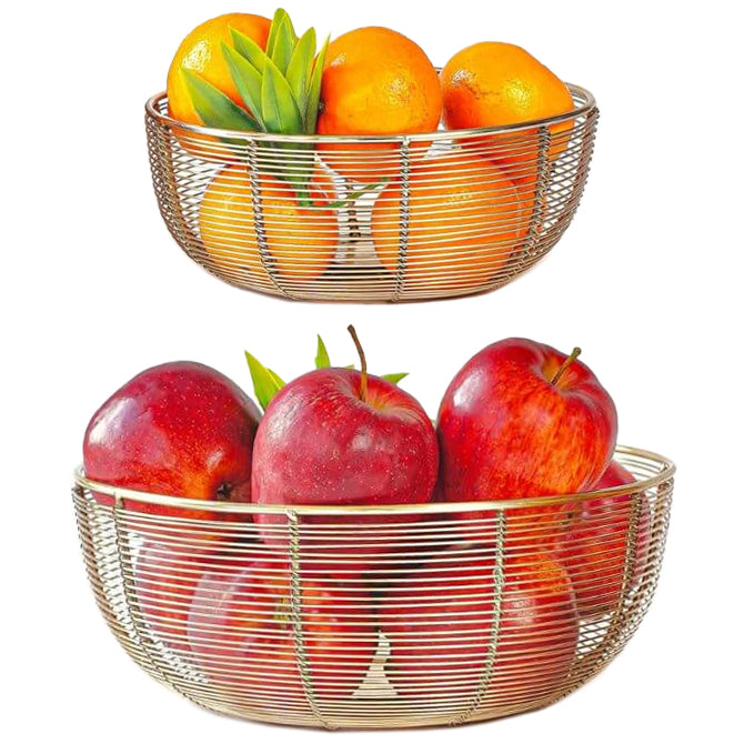 Set of 2 Different Size Air Circulating Fruit Baskets - Includes 10-inch and 8-inch Wide Gold Color Bowls