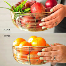 Load image into Gallery viewer, Set of 2 Different Size Air Circulating Fruit Baskets - Includes 10-inch and 8-inch Wide Gold Color Bowls
