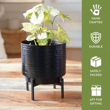 Load image into Gallery viewer, Set of 2 Different Size Hammered Black Metal Tabletop Indoor Planters with Stands - Includes 4/5 Gallon and 1/2 Gallon Pots for Small Plants
