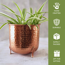 Load image into Gallery viewer, Hand-crafted Hammered Metal Metal Leaf Leg Planter Vase with 1/2 Gallon Capacity - Copper Color, Measures 6⅜&quot; Wide and 6¼&quot; Tall
