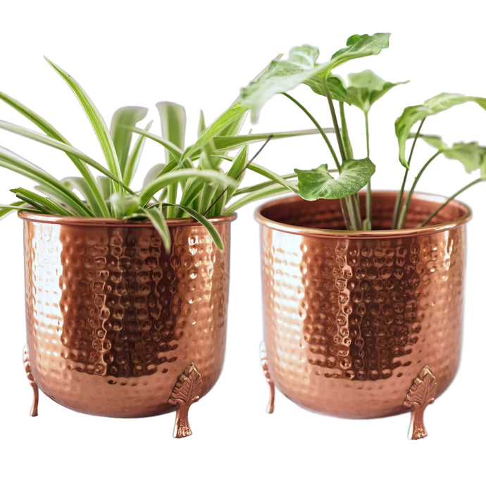 2 Pack Hand-crafted Hammered Metal Metal Leaf Leg Planter Vase with 1/2 Gallon Capacity - Copper Color, Measures 6⅜