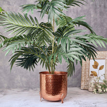 Load image into Gallery viewer, Hand-crafted Hammered Metal Metal Leaf Leg Planter Vase with 1/2 Gallon Capacity - Copper Color, Measures 6⅜&quot; Wide and 6¼&quot; Tall
