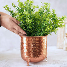 Load image into Gallery viewer, Hand-crafted Hammered Metal Metal Leaf Leg Planter Vase with 1/2 Gallon Capacity - Copper Color, Measures 6⅜&quot; Wide and 6¼&quot; Tall
