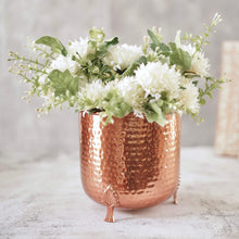 Load image into Gallery viewer, Hand-crafted Hammered Metal Metal Leaf Leg Planter Vase with 1/2 Gallon Capacity - Copper Color, Measures 6⅜&quot; Wide and 6¼&quot; Tall
