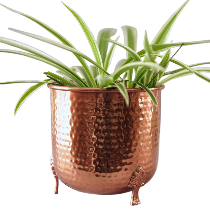 Hand-crafted Hammered Metal Metal Leaf Leg Planter Vase with 1/2 Gallon Capacity - Copper Color, Measures 6⅜