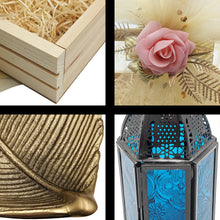 Load image into Gallery viewer, Leaves of Blue Light Gift Basket - Includes Gold Color Metal Leaf Jewelry Tray, Mini Moroccan Lantern with LED Tea Light, and 11¾&quot; x 7¾&quot; Wooden Basket
