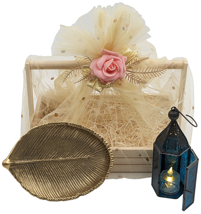 Leaves of Blue Light Gift Basket - Includes Gold Color Metal Leaf Jewelry Tray, Mini Moroccan Lantern with LED Tea Light, and 11¾