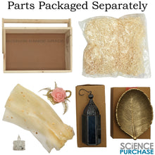 Load image into Gallery viewer, Leaves of Blue Light Gift Basket - Includes Gold Color Metal Leaf Jewelry Tray, Mini Moroccan Lantern with LED Tea Light, and 11¾&quot; x 7¾&quot; Wooden Basket
