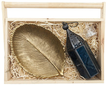 Load image into Gallery viewer, Leaves of Blue Light Gift Basket - Includes Gold Color Metal Leaf Jewelry Tray, Mini Moroccan Lantern with LED Tea Light, and 11¾&quot; x 7¾&quot; Wooden Basket
