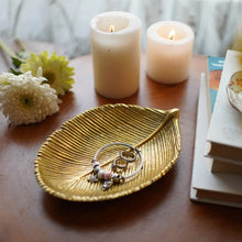 Load image into Gallery viewer, Leaves of Blue Light Gift Basket - Includes Gold Color Metal Leaf Jewelry Tray, Mini Moroccan Lantern with LED Tea Light, and 11¾&quot; x 7¾&quot; Wooden Basket
