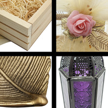 Load image into Gallery viewer, Leaves of Purple Light Gift Basket - Includes Gold Color Metal Leaf Jewelry Tray, Mini Moroccan Lantern with LED Tea Light, and 11¾&quot; x 7¾&quot; Wooden Basket
