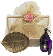 Load image into Gallery viewer, Leaves of Purple Light Gift Basket - Includes Gold Color Metal Leaf Jewelry Tray, Mini Moroccan Lantern with LED Tea Light, and 11¾&quot; x 7¾&quot; Wooden Basket
