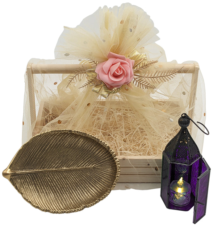 Leaves of Purple Light Gift Basket - Includes Gold Color Metal Leaf Jewelry Tray, Mini Moroccan Lantern with LED Tea Light, and 11¾