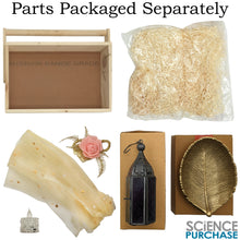 Load image into Gallery viewer, Leaves of Purple Light Gift Basket - Includes Gold Color Metal Leaf Jewelry Tray, Mini Moroccan Lantern with LED Tea Light, and 11¾&quot; x 7¾&quot; Wooden Basket
