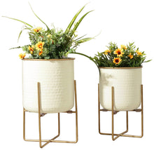 Load image into Gallery viewer, Set of 2 Different Size Hammered Off-White &amp; Gold Metal Tabletop Indoor Planters with Stands - Includes 1 Gallon and 2/3 Gallon Pot for Small to Medium Plants
