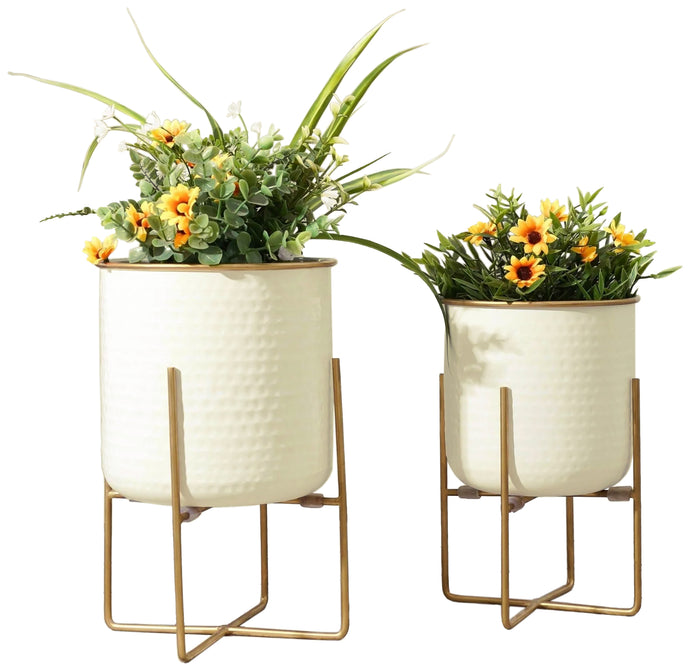 Set of 2 Different Size Hammered Off-White & Gold Metal Tabletop Indoor Planters with Stands - Includes 1 Gallon and 2/3 Gallon Pot for Small to Medium Plants
