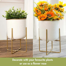 Load image into Gallery viewer, Set of 2 Different Size Hammered Off-White &amp; Gold Metal Tabletop Indoor Planters with Stands - Includes 1 Gallon and 2/3 Gallon Pot for Small to Medium Plants
