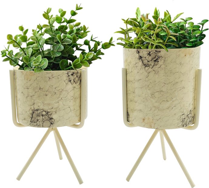 Set of 2 Different Size Off-White Marbled Tabletop Indoor Mini Planters with Stands - Includes 30 Ounce and 20 Ounce Pot for Small Plants