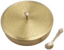 Load image into Gallery viewer, Small Size Brass (Gold Color, Floral Pattern) Round Masala Dabba Box with 7 Containers and Mini Spoon, Measures 6⅕-inches Wide x 1⅜-inches Tall
