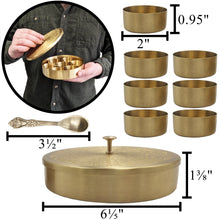 Load image into Gallery viewer, Small Size Brass (Gold Color, Floral Pattern) Round Masala Dabba Box with 7 Containers and Mini Spoon, Measures 6⅕-inches Wide x 1⅜-inches Tall

