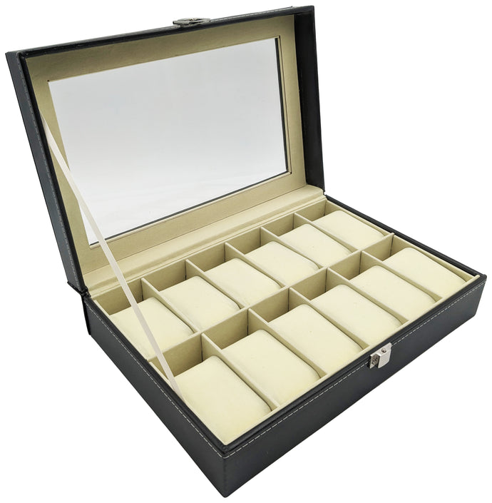 Large Watch Box with 12 Compartments, Black Faux Leather Display Case with Glass Top - Jewelry Organizer