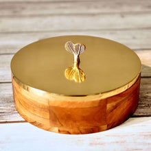 Load image into Gallery viewer, Wooden Round Roti / Tortilla / Flatbread Casserole Box with Stainless Steel (Gold Color) Lid, Measures 9-inches Wide x 3-inches Tall
