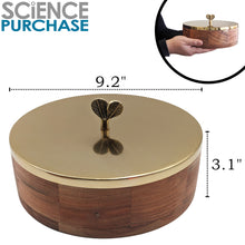 Load image into Gallery viewer, Wooden Round Roti / Tortilla / Flatbread Casserole Box with Stainless Steel (Gold Color) Lid, Measures 9-inches Wide x 3-inches Tall
