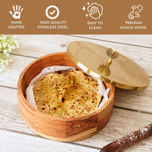 Load image into Gallery viewer, Wooden Round Roti / Tortilla / Flatbread Casserole Box with Stainless Steel (Gold Color) Lid, Measures 9-inches Wide x 3-inches Tall
