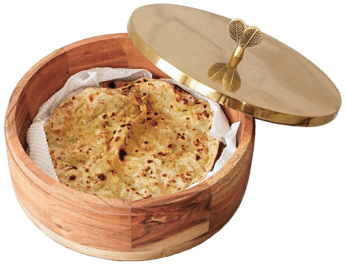 Wooden Round Roti / Tortilla / Flatbread Casserole Box with Stainless Steel (Gold Color) Lid, Measures 9-inches Wide x 3-inches Tall