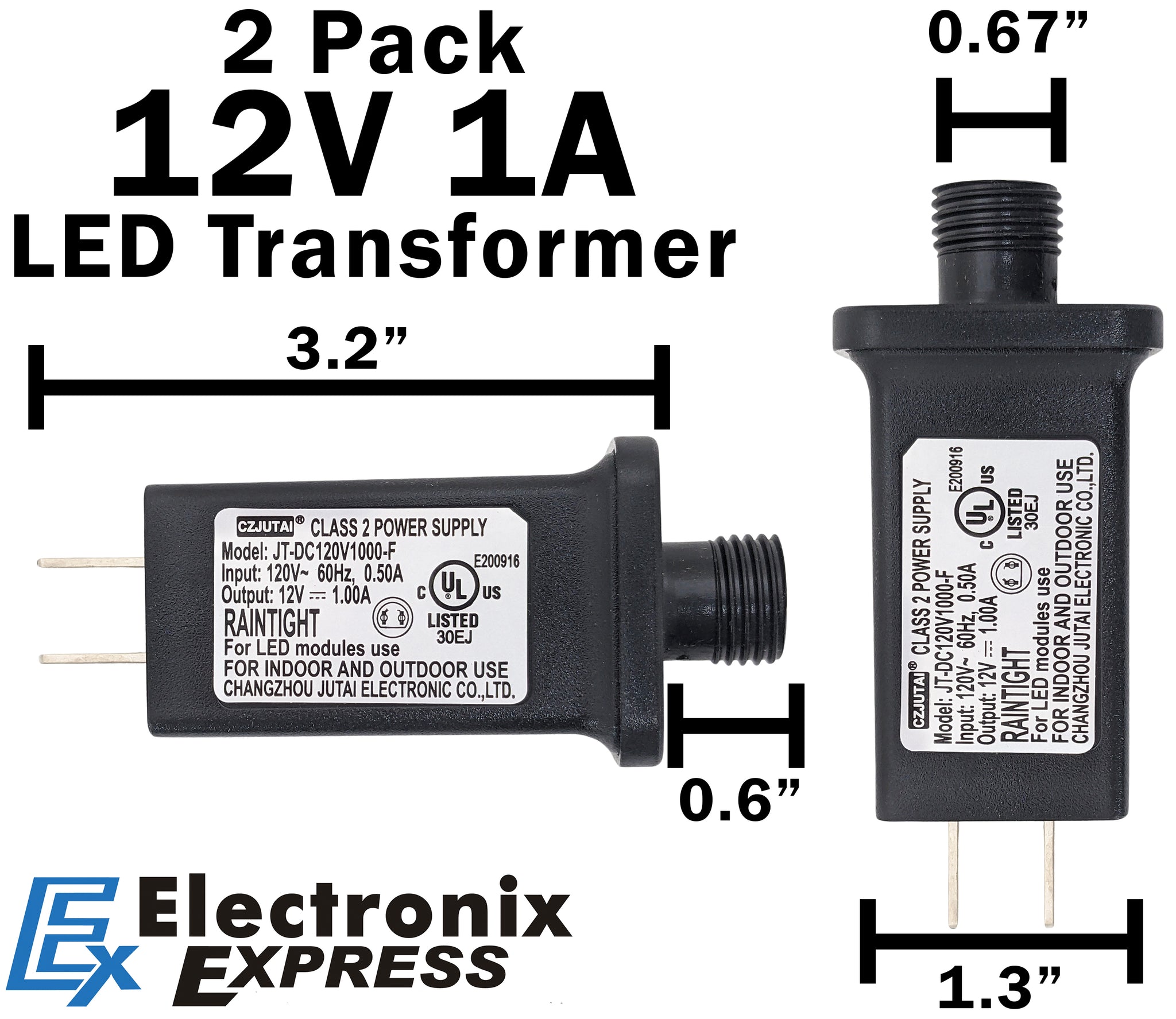 12V 1A LED Transformer Class 2 Power Supply, 2PCS IP44 Waterproof Low
