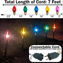Load image into Gallery viewer, Jumbo 7½-inch Christmas Walkway or Hanging Lights for Outdoor &amp; Indoor, 5 LED Lights with Removable Stakes on a Connectable 7-Foot Cord - Includes Red, Green, Blue, Yellow, and Purple Bulbs - Holiday Light Decoration
