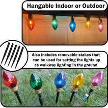 Load image into Gallery viewer, Jumbo 7½-inch Christmas Walkway or Hanging Lights for Outdoor &amp; Indoor, 5 LED Lights with Removable Stakes on a Connectable 7-Foot Cord - Includes Red, Green, Blue, Yellow, and Purple Bulbs - Holiday Light Decoration
