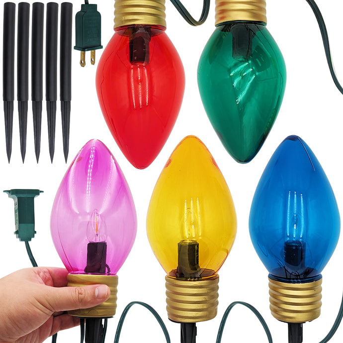 Jumbo 7½-inch Christmas Walkway or Hanging Lights for Outdoor & Indoor, 5 LED Lights with Removable Stakes on a Connectable 7-Foot Cord - Includes Red, Green, Blue, Yellow, and Purple Bulbs - Holiday Light Decoration