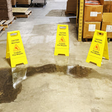 Load image into Gallery viewer, 3 Pack CAUTION Wet Floor Signs - Bilingual (Cuidado Piso Mojado), 2 Feet Tall, Double Sided, High Visibility Yellow Color, Fold-Out Standing Signs, Portable with Carrying Handle
