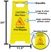 Load image into Gallery viewer, 3 Pack CAUTION Wet Floor Signs - Bilingual (Cuidado Piso Mojado), 2 Feet Tall, Double Sided, High Visibility Yellow Color, Fold-Out Standing Signs, Portable with Carrying Handle
