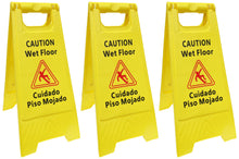 Load image into Gallery viewer, 3 Pack CAUTION Wet Floor Signs - Bilingual (Cuidado Piso Mojado), 2 Feet Tall, Double Sided, High Visibility Yellow Color, Fold-Out Standing Signs, Portable with Carrying Handle

