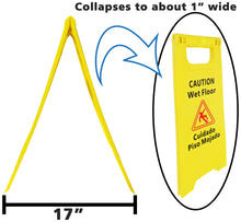 Load image into Gallery viewer, 3 Pack CAUTION Wet Floor Signs - Bilingual (Cuidado Piso Mojado), 2 Feet Tall, Double Sided, High Visibility Yellow Color, Fold-Out Standing Signs, Portable with Carrying Handle
